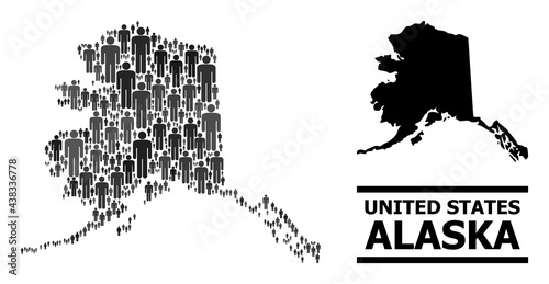 Map of Alaska State for demographics purposes. Vector nation collage. Collage map of Alaska State designed of population icons. Demographic concept in dark gray color tones.