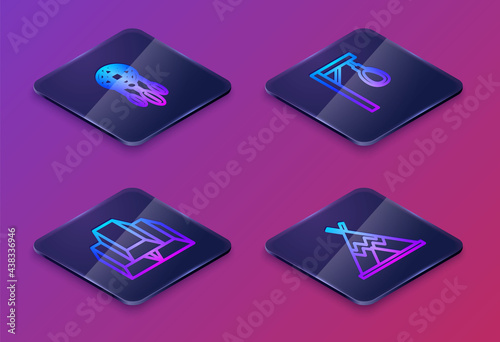 Set Isometric line Dream catcher with feathers, Gold bars, Gallows and Indian teepee or wigwam. Blue square button. Vector