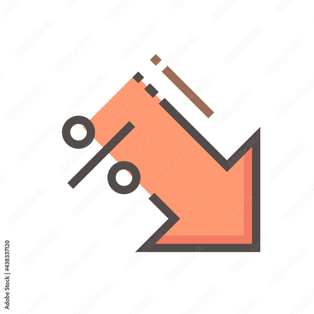 Percent decrease vector design. Consist of down arrow and percent sign, icon or symbol. Concept for percentage of interest rate, loss profit, stock price or discount. Editable line stroke 48x48 px.
Percent decrease vector design. Consist of down arrow and percent sign, icon or symbol. Concept for percentage of interest rate, loss profit, stock price or discount. Editable line stroke 48x48 px.