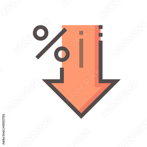 Percent decrease vector design. Consist of down arrow and percent sign, icon or symbol. Concept for percentage of interest rate, loss profit,  stock price or discount. Editable line stroke  48x48 px.
