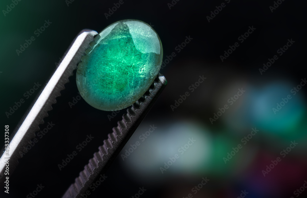 Emerald gemstone in the forcep.