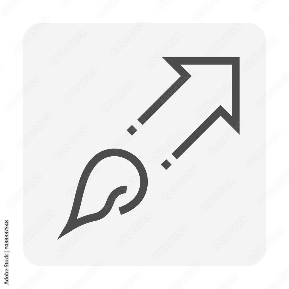 Up arrow or launch rocket vector design. That flying spaceship and smoke icon, sign or symbol. Concept for start, growth or success in business or investment. Thin line or outline icon. 48x48 pixel.
