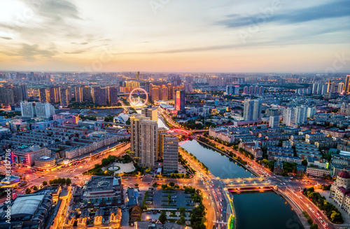 Aerial photography of Tianjin city building skyline night view