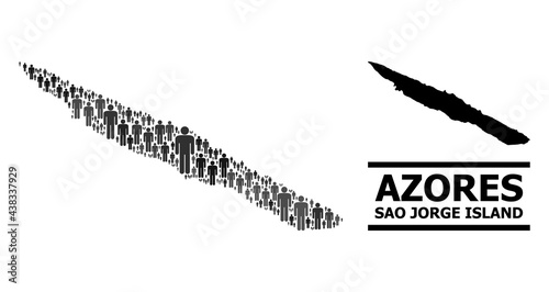 Map of Sao Jorge Island for national agitation. Vector population collage. Collage map of Sao Jorge Island created of guy items. Demographic scheme in dark grey color tints.