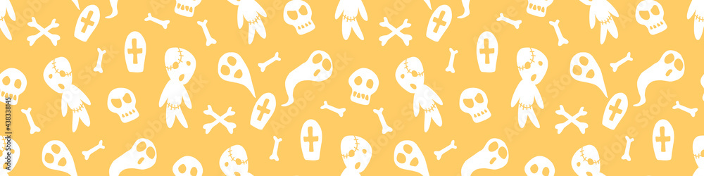 Happy Halloween-seamless pattern with set of characters-zombies, ghosts, skulls and bones. Textured background for greeting card, invitation, party poster, banner Happy Halloween-seamless pattern with set of characters-zombies, ghosts, skulls and bones. Textured background for greeting card, invitation, party poster, banner
