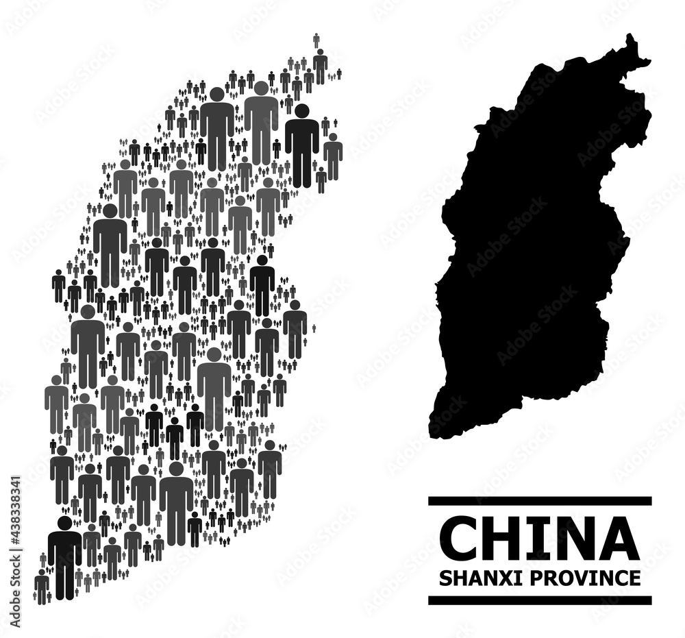 Obraz premium Map of Shanxi Province for politics projects. Vector demographics collage. Concept map of Shanxi Province composed of man items. Demographic concept in dark gray color hues.