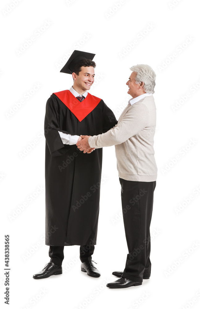 Happy male graduation student with his father on white background Happy male graduation student with his father on white background