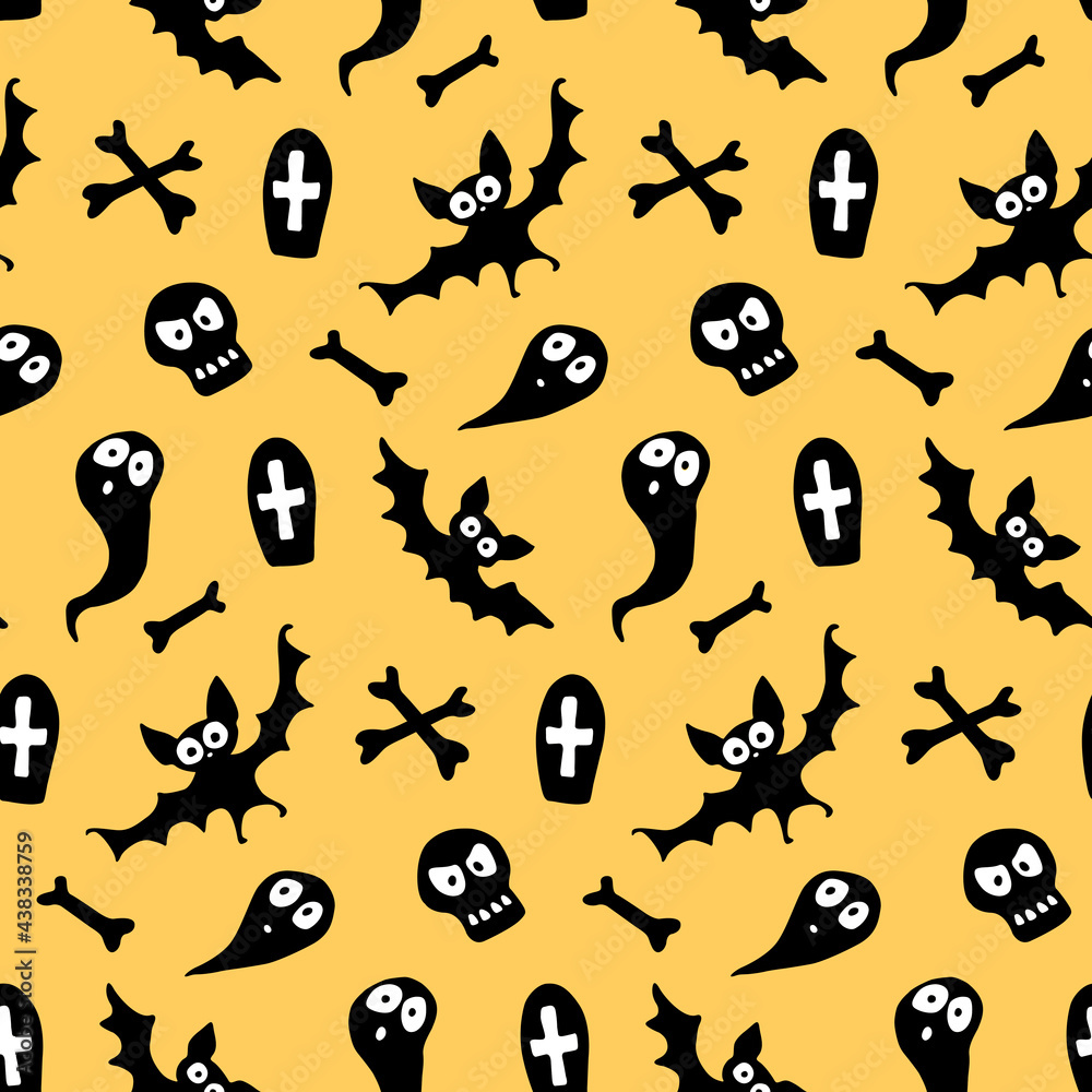 Happy Halloween-seamless pattern with set of characters-bats, ghosts, skulls and bones. Textured background for greeting card, invitation, party poster, banner
