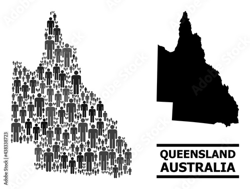 Map of Australian Queensland for demographics posters. Vector demographics collage. Abstraction map of Australian Queensland composed of social items. Demographic concept in dark grey color tones.