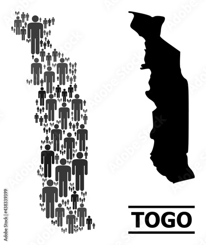 Map of Togo for politics projects. Vector nation collage. Collage map of Togo designed of human pictograms. Demographic scheme in dark gray color variations.
