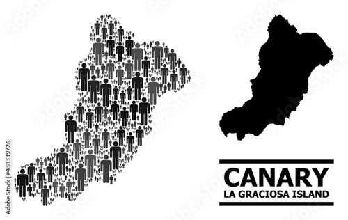 Map of La Graciosa Island for social applications. Vector nation collage. Composition map of La Graciosa Island created of social items. Demographic scheme in dark grey color hues.