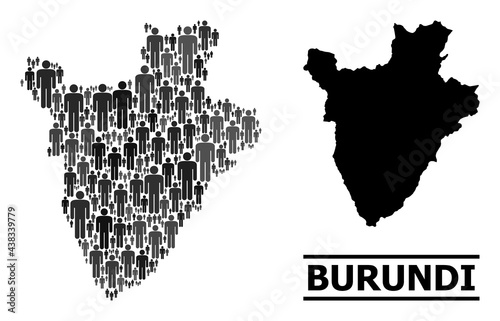 Map of Burundi for social promotion. Vector nation collage. Collage map of Burundi constructed of people items. Demographic concept in dark gray color shades.