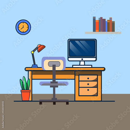 Flat home office workspace interior. blue and brown vector background