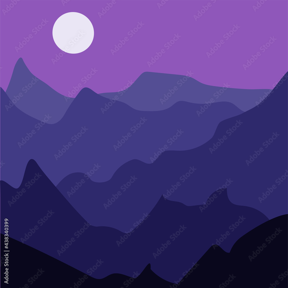 Minimalist mountain landscape at night. Abstract scandinavian design, vector flat illustration. Mid century modern artwork.