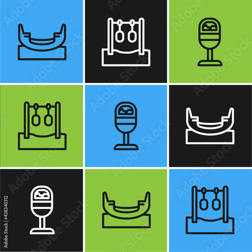 Set line Boat swing, Trash can and Gymnastic rings icon. Vector