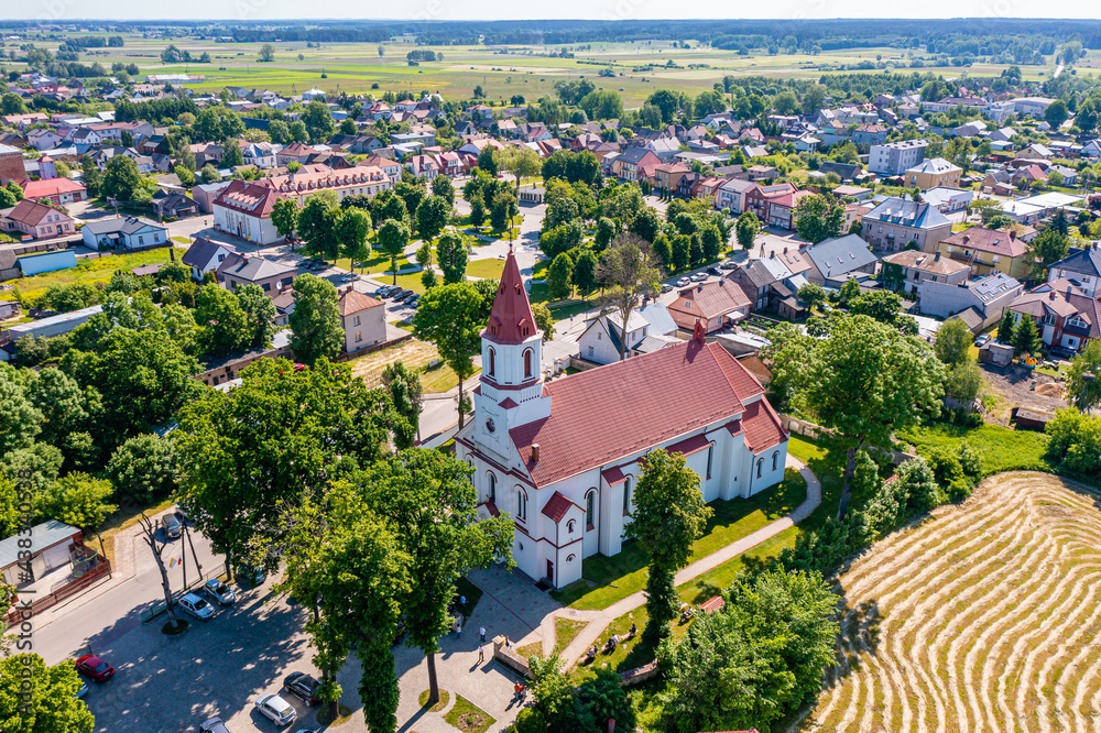 Aerial view of Knyszyn city center, town square, city hall and church