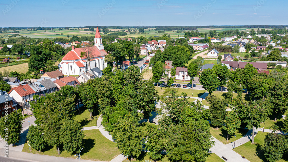 Aerial view of Knyszyn city center, town square and church