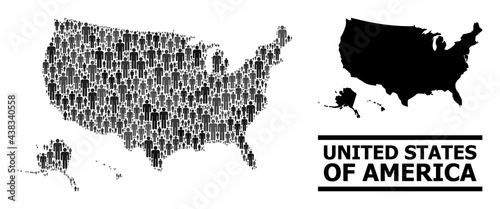 Map of USA territories for demographics posters. Vector demographics collage. Composition map of USA territories combined of person elements. Demographic scheme in dark grey color tinges.
