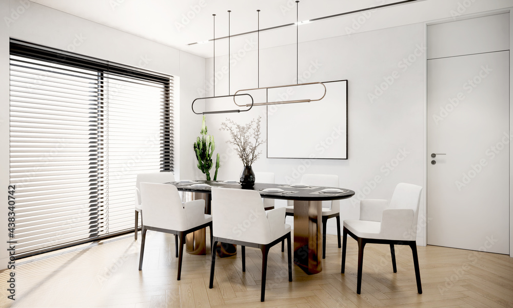 modern scandinavian style dining room interior with furniture and large window. contemporary apartment design. 3d rendering vertical background