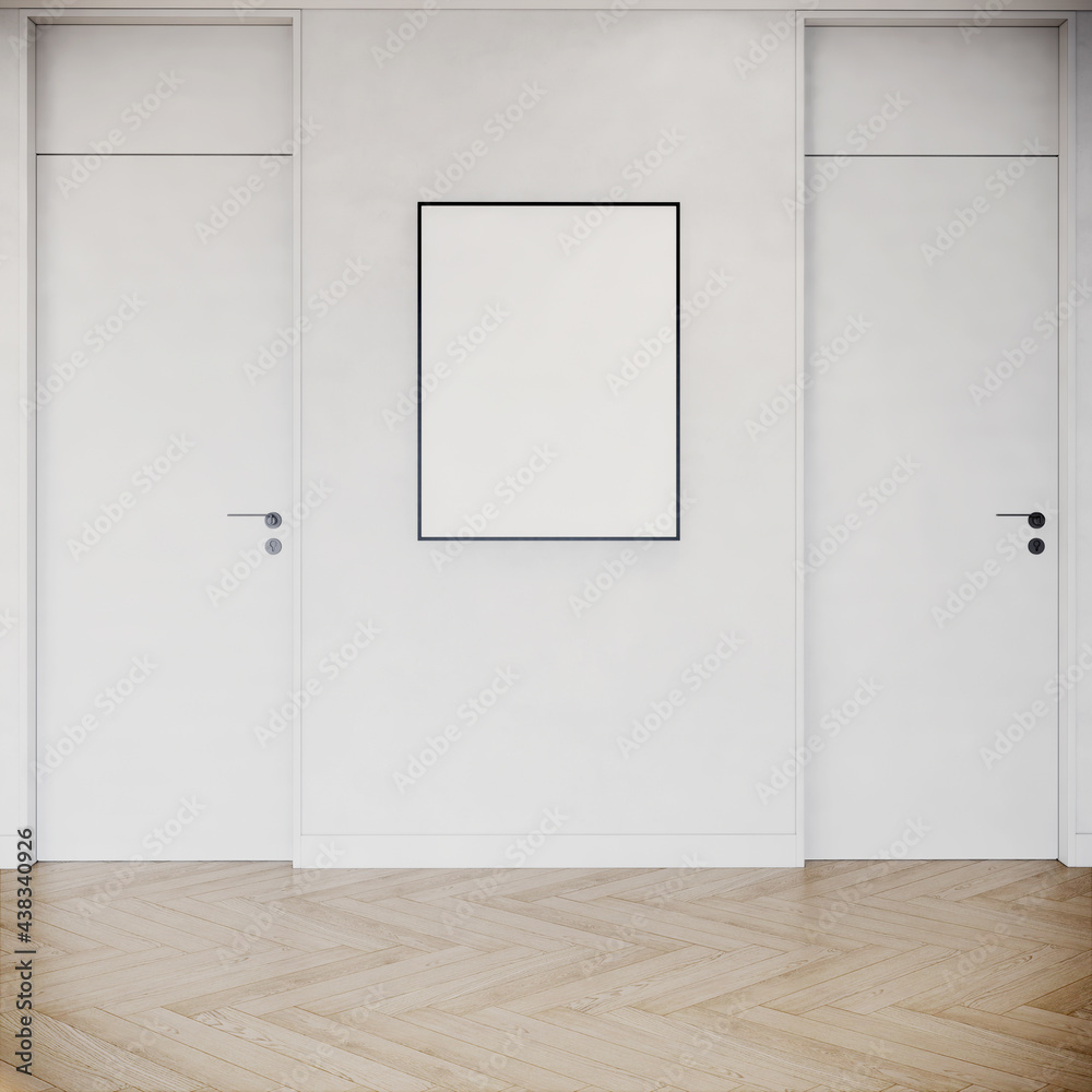 Modern Japandi style living room interior design and blank picture frame on white wall. 3d rendering background