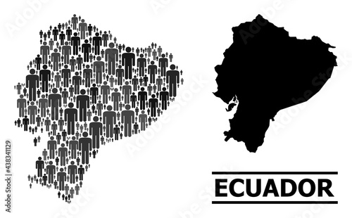 Map of Ecuador for demographics posters. Vector demographics collage. Collage map of Ecuador created of person items. Demographic scheme in dark grey color hues.