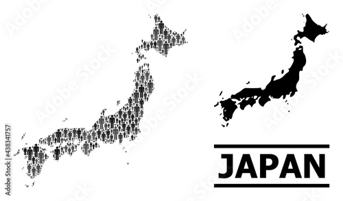Map of Japan for political doctrines. Vector nation collage. Collage map of Japan done of guy items. Demographic scheme in dark grey color shades.