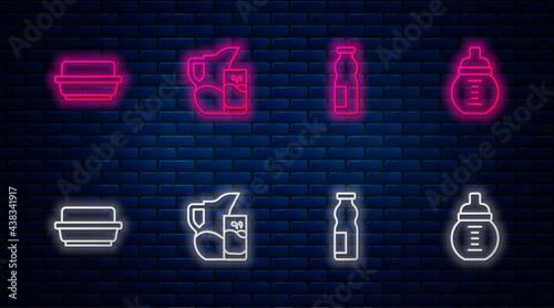 Set line Milk jug or pitcher and glass, Drinking yogurt in bottle, Butter butter dish and Baby milk. Glowing neon icon on brick wall. Vector
