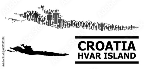 Map of Hvar Island for politics posters. Vector demographics abstraction. Abstraction map of Hvar Island combined of man pictograms. Demographic concept in dark gray color shades.