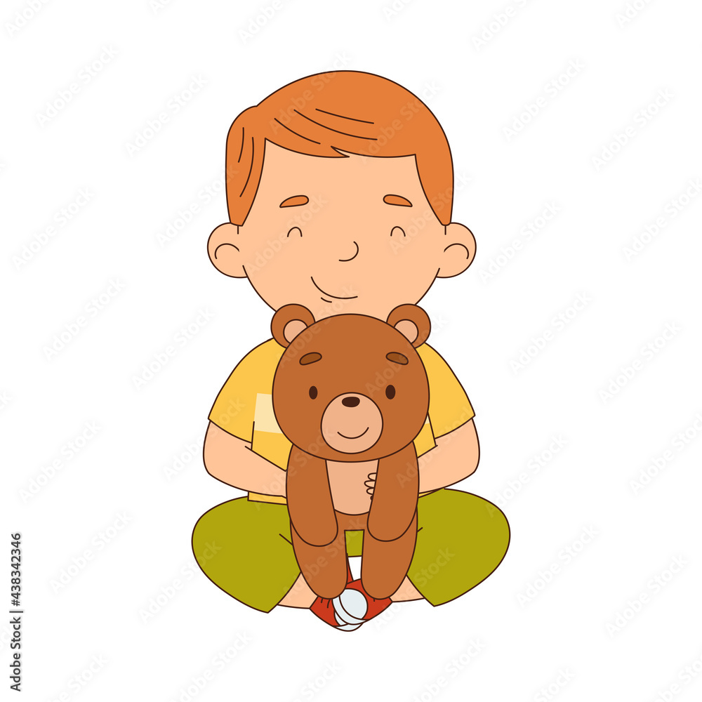 Obraz premium Cute Boy Playing with Stuffed Teddy Bear Toy Having Fun On His Own Enjoying Childhood Vector Illustration