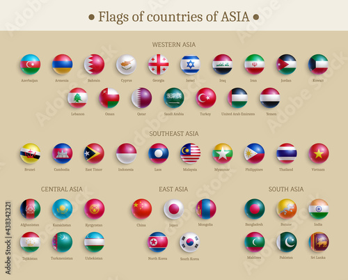 Flags of countries of Asia glossy buttons set. Banner with Asian countries flags, round shape icons collection. National symbols with names of each state realistic vector illustration