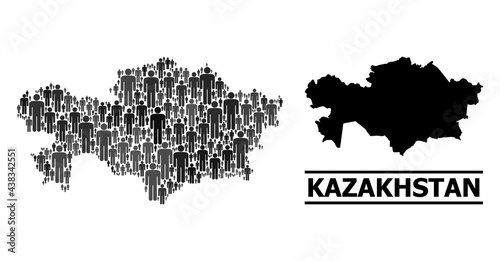 Map of Kazakhstan for social purposes. Vector demographics collage. Collage map of Kazakhstan done of crowd items. Demographic concept in dark gray color tints.