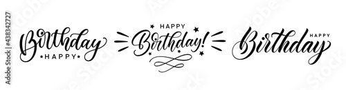 Happy Birthday hand lettering set. Handwritten calligraphic text for use in greeting card, t-shirt print design. Happy Birthday text design.