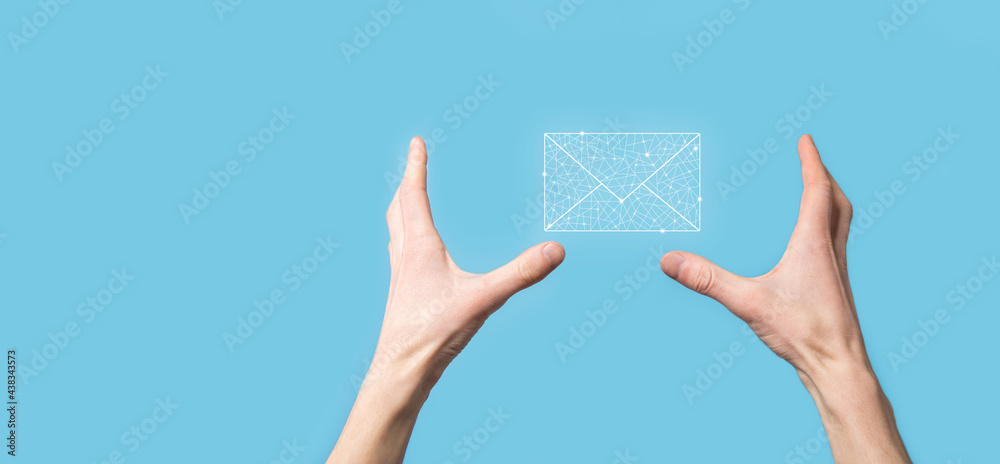 Male hand holding letter icon,email icons .Contact us by newsletter email and protect your personal information from spam mail. Customer service call center contact us.Email marketing and newsletter