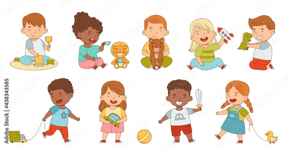 Cute Children Playing With Different Toys Having Fun On Their Own Enjoying Childhood Vector Set Cute Children Playing With Different Toys Having Fun On Their Own Enjoying Childhood Vector Set