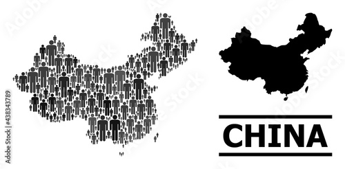Map of China for politics applications. Vector nation abstraction. Abstraction map of China designed of human pictograms. Demographic scheme in dark grey color tones.