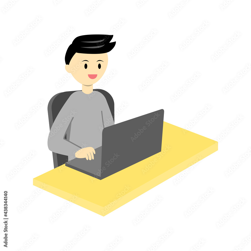 Young man working on computer cartoon vector. office man, salary man in online working. Student studying online on notebook. Young man working on computer cartoon vector. office man, salary man in online working. Student studying online on notebook.