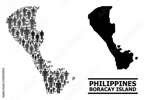 Map of Boracay Island for political propaganda. Vector population mosaic. Pattern map of Boracay Island done of population items. Demographic scheme in dark gray color variations.