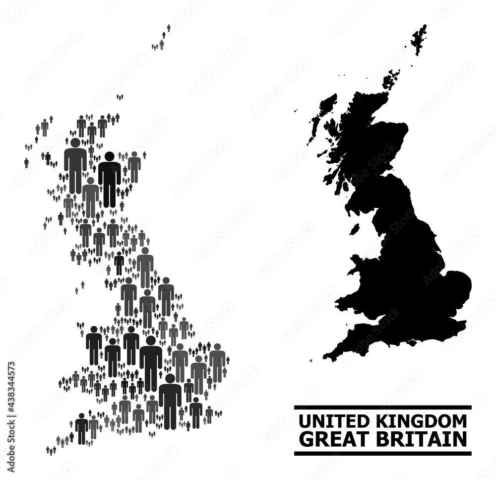 Obraz premium Map of Great Britain for demographics agitprop. Vector demographics abstraction. Pattern map of Great Britain composed of guy icons. Demographic scheme in dark gray color hues.