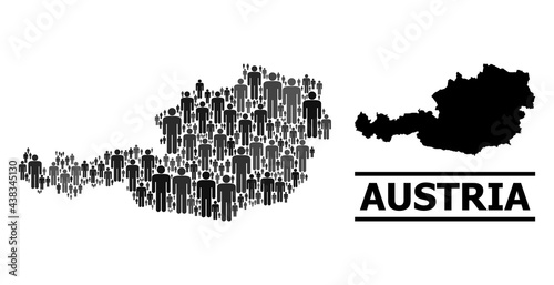 Map of Austria for political proclamations. Vector demographics collage. Collage map of Austria done of social icons. Demographic scheme in dark grey color tints.