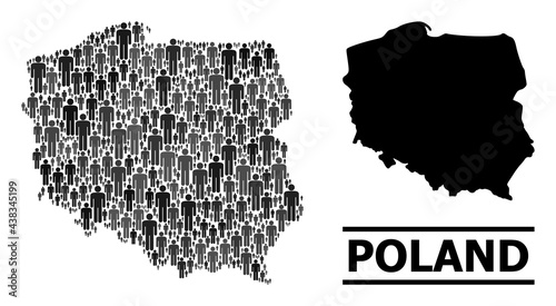 Map of Poland for demographics agitation. Vector nation mosaic. Mosaic map of Poland created of people items. Demographic scheme in dark gray color tinges.