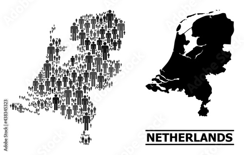 Map of Netherlands for demographics projects. Vector nation abstraction. Abstraction map of Netherlands constructed of people items. Demographic scheme in dark gray color tints.