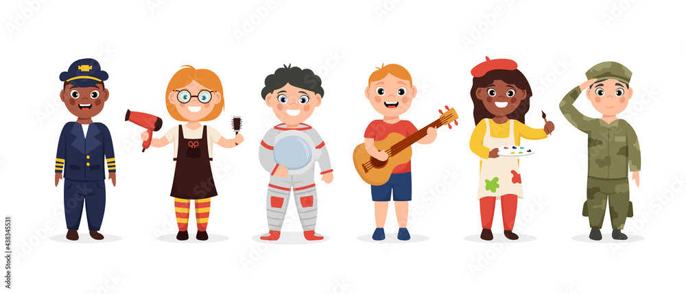 Set of cute kids in various professions. Smiling boys and girls in uniform with professional equipment. Vector illustration. Set of cute kids in various professions. Smiling boys and girls in uniform with professional equipment. Vector illustration.