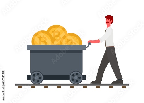 Businessman pushing mining trolley contains bitcoin