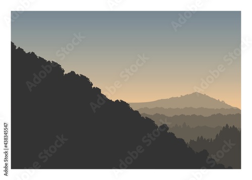 Mountain slope with hill and forest silhouette layer background.