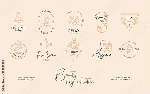 Hand drawn line art beauty vector logo design template collection. Illustration of elegant signs and badges for beauty, natural cosmetics, spa and wellness, fashion, wedding.