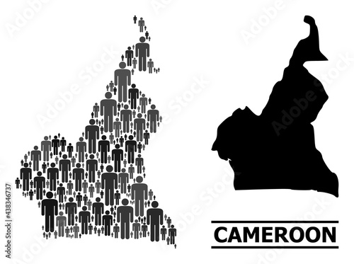 Map of Cameroon for demographics agitprop. Vector population mosaic. Mosaic map of Cameroon constructed of population pictograms. Demographic concept in dark grey color hues.
