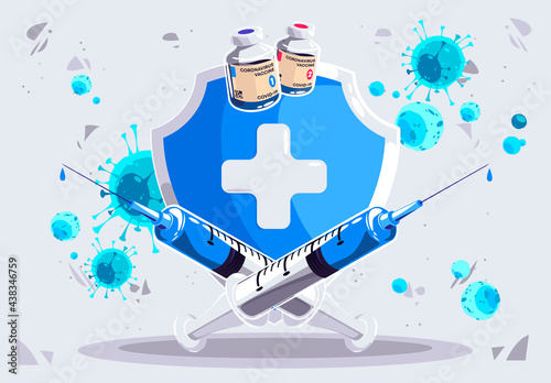 Vector illustration of a medical composition with medical syringes, a coronavirus vaccine on the background of a shield with a cross, with virus molecules, protection against covid-19