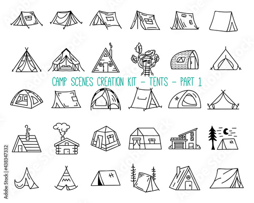 Set of linear icons of camping tents