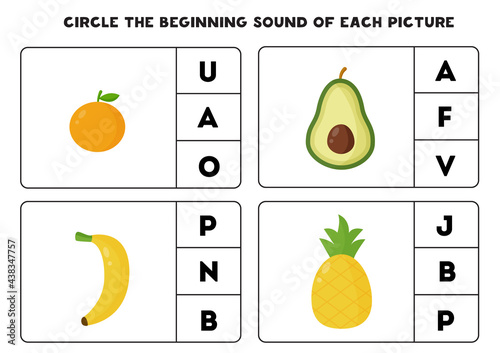 Worksheet for kids. Find the beginning sound. Cute kawaii fruits.