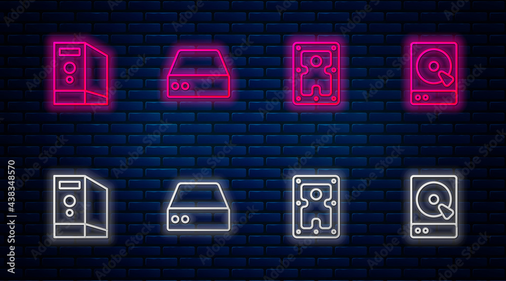 Set line Server, Data, Web Hosting, Hard disk drive HDD, Case of computer  and . Glowing neon icon on brick wall. Vector Stock Vector | Adobe Stock